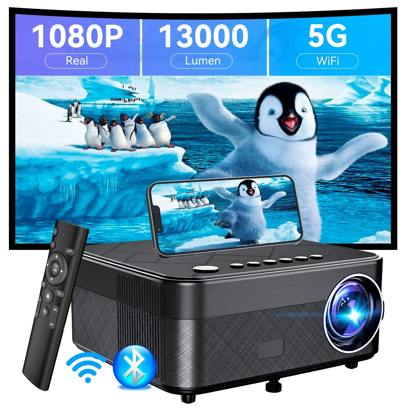 2022 4K FHD WiFi Projector,Bluetooth Projector, 200″ Portable Movie Projector, Upgrade 500ANSI Home Theater Video Projector Compatible with Hdmi,