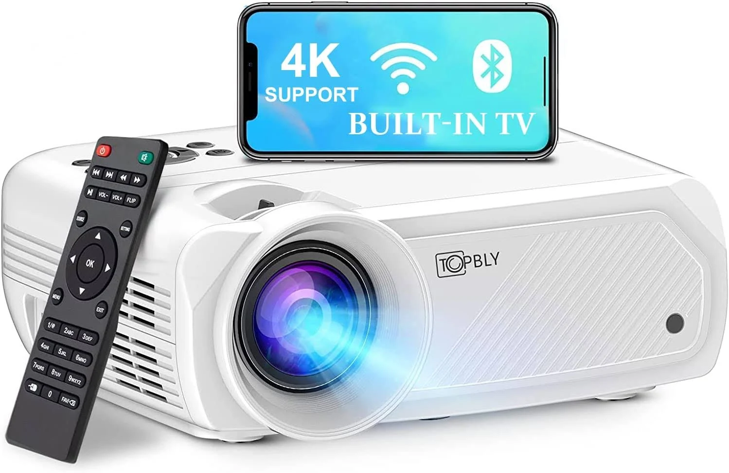 1080p WiFi Bluetooth Projector Built-in TV, TOPBLY 4K Supported with Smartphone Screen Mirroring (Android/iOS) Portable Mini Home Movie Projector