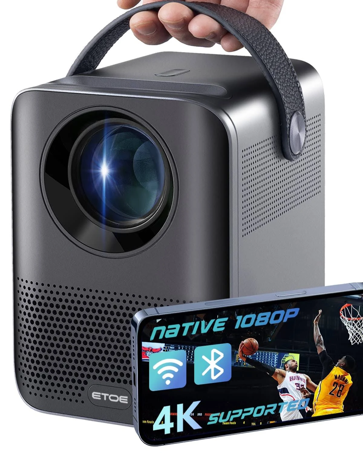 4K Supported Mini Projector, 5G WiFi Bluetooth Projector, ETOE Native 1080p Portable Projector, 150 ANSI lm, Keystone Correction, Zoom, Full HD