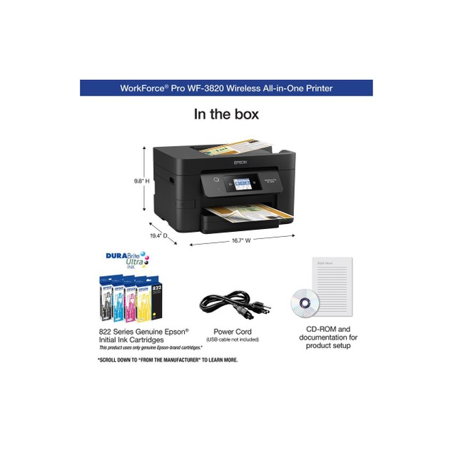 Epson WorkForce Pro WF-3820 All-in-One Wireless Color Inkjet Printer 每 Print Scan Copy Fax- 21 ppm, 4800 x 2400 dpi, 2.7∪ Touchscreen, Auto 2-Sided