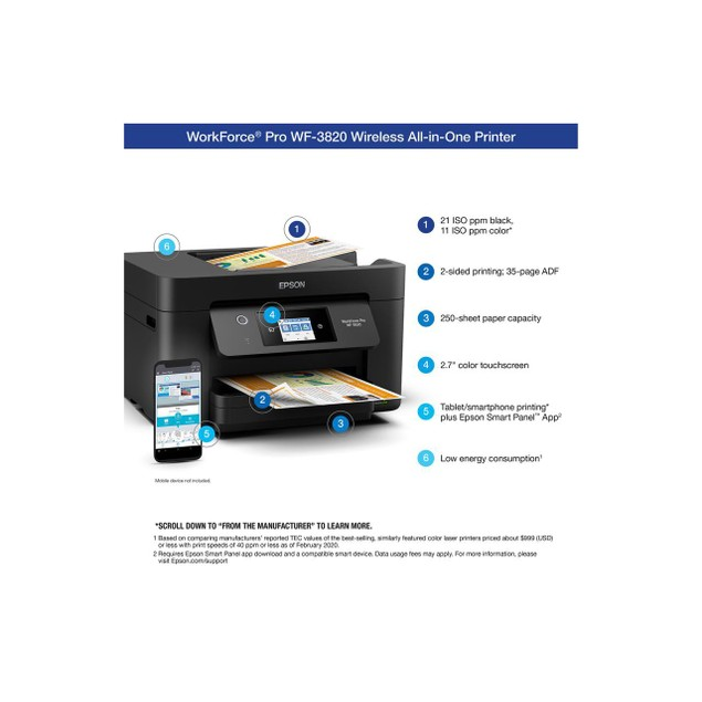 Epson WorkForce Pro WF-3820 All-in-One Wireless Color Inkjet Printer 每 Print Scan Copy Fax- 21 ppm, 4800 x 2400 dpi, 2.7∪ Touchscreen, Auto 2-Sided