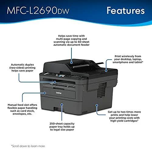 Brother Mfc-l2690dw Monochrome Laser All-in-One Printer, Duplex Printing, Wireless Connectivity