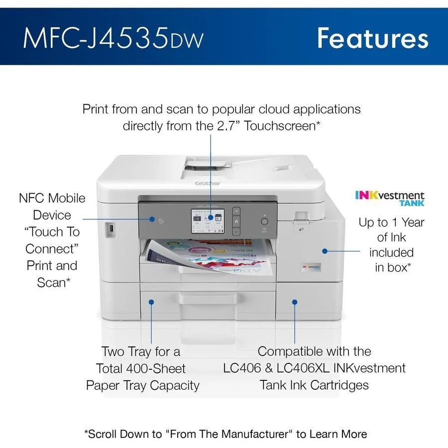 Brother MFC-J4535DW INKvestment Tank All-in-One Color Inkjet Printer