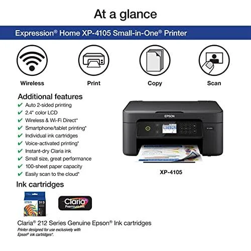 Epson Expression Home XP-4105 Wireless All-in-One Color Inkjet Printer for Home Office, Black 每 Print Copy Scan 每 2.4∪ Color LCD, 10.0 ipm, 5760 x