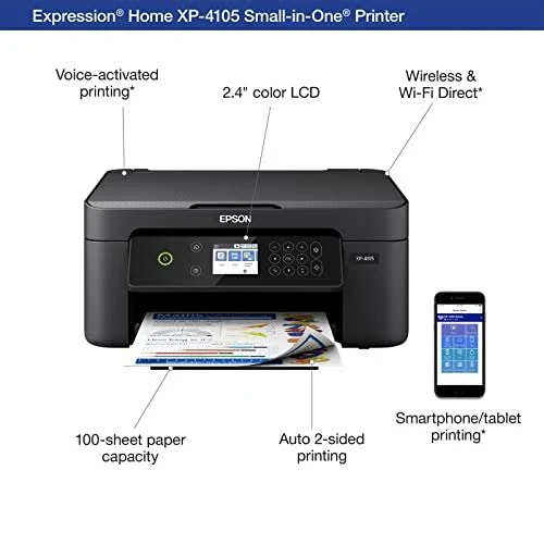 Epson Expression Home XP-4105 Wireless All-in-One Color Inkjet Printer for Home Office, Black 每 Print Copy Scan 每 2.4∪ Color LCD, 10.0 ipm, 5760 x