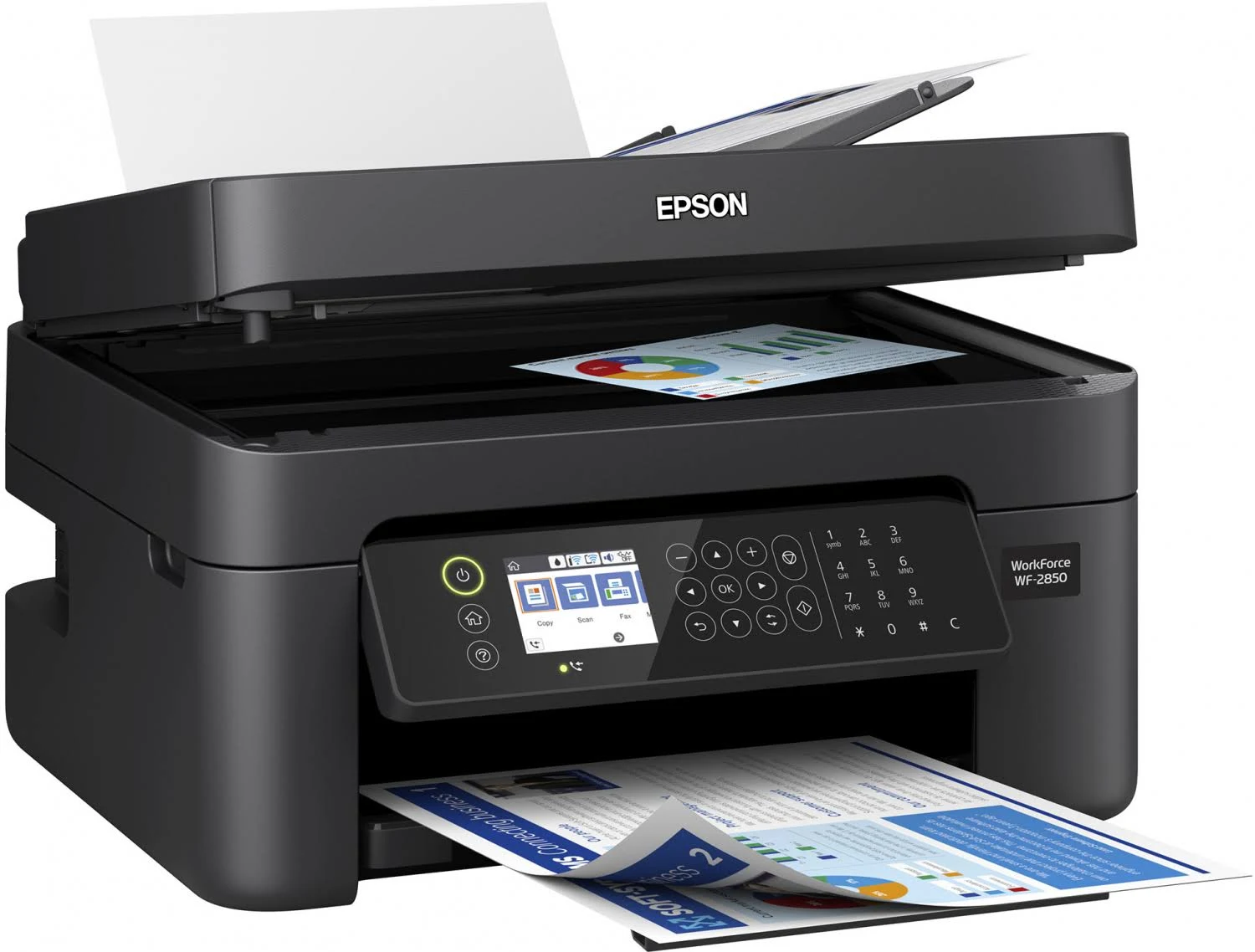 Epson WorkForce WF-2850 All-in-One Wireless Color Inkjet Printer, Black 每 Print Scan Copy Fax 每 10 ppm, 5760 x 1440 dpi, 8.5 x 14, Auto 2-Sided