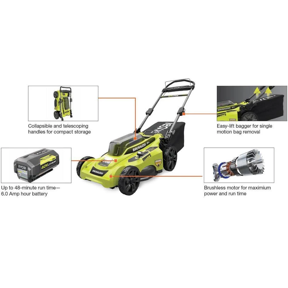 Ryobi 40V Brushless 20 in. Cordless Battery Walk Behind Push Lawn Mower with 6.0