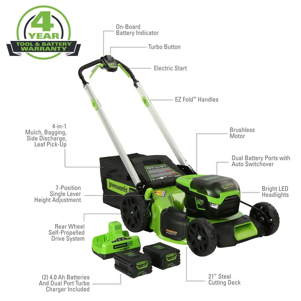 Greenworks Pro 21 in. 60V Battery Cordless Self-Propelled Walk-Behind Lawn Mower with (2) 4.0 Ah Battery and Charger