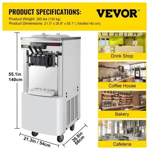 Vevor Commercial Soft Serve Ice Cream Maker Frozen Yogurt Machine 20-28L/H 2450W