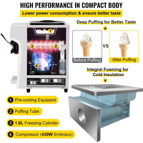 Vevor Commercial Ice Cream Maker 10-20L/H Yield 1000W Countertop Soft Serve Machine with 45L Hopper 16L Cylinder Touch Screen Puffing Shortage Alarm F