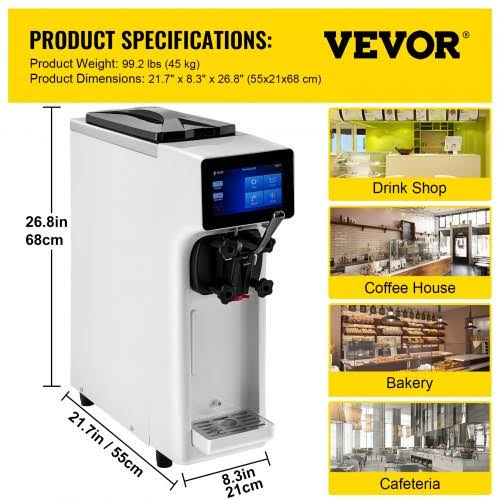 Vevor Commercial Ice Cream Maker 10-20L/H Yield 1000W Countertop Soft Serve Machine with 45L Hopper 16L Cylinder Touch Screen Puffing Shortage Alarm F