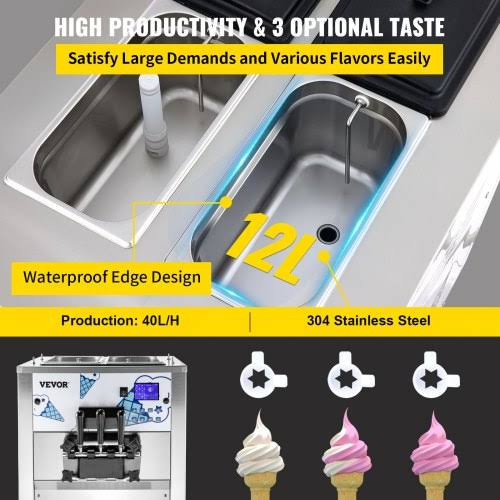 Vevor Commercial Ice Cream Machine with Two 12L Hoppers Soft Serve Machine with 3 Flavors Commercial Ice Cream Maker 2500W Compressor Soft Ice Cream