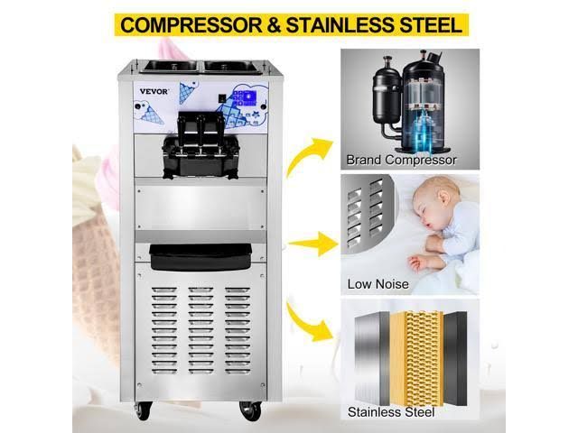 Vevor Commercial Ice Cream Machine with Two 12L Hoppers Soft Serve Machine with 3 Flavors Commercial Ice Cream Maker 2500W Compressor Soft Ice Cream