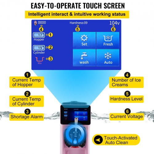 Commercial Ice Cream Maker, 10-20L/H Yield, 1000W Countertop Soft Serve Machine with 4.5L Hopper 1.6L Cylinder Touch Screen Puffing Shortage Alarm,