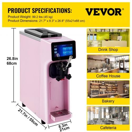 Commercial Ice Cream Maker, 10-20L/H Yield, 1000W Countertop Soft Serve Machine with 4.5L Hopper 1.6L Cylinder Touch Screen Puffing Shortage Alarm,