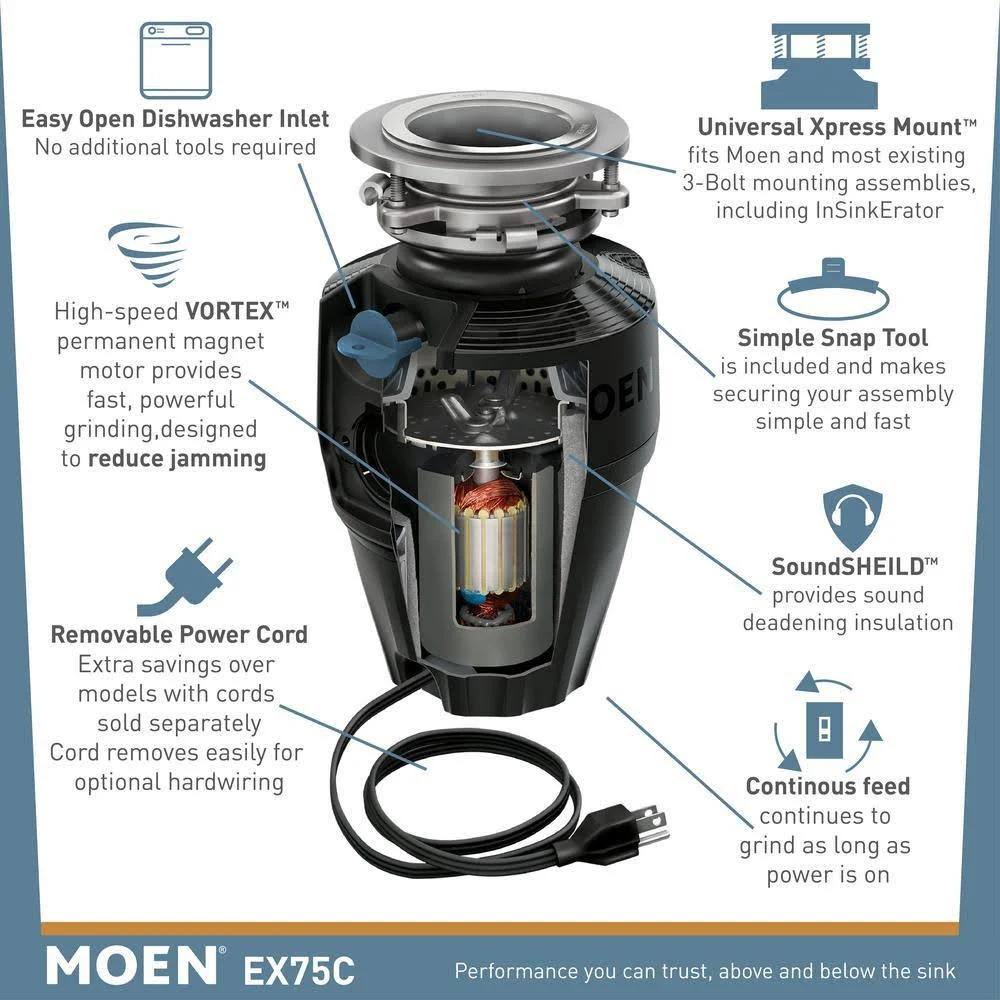 Moen Host Series 3/4 HP Continuous Feed Space Saving Garbage Disposal