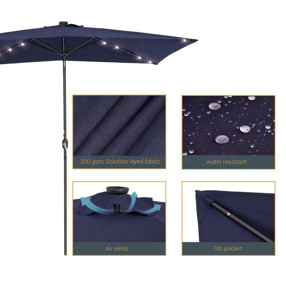 Sonkuki Solar LED 10 ft. x 6.5 ft. Aluminum Patio Rectangle Market Umbrella in Navy Blue with Push-Button Tilt