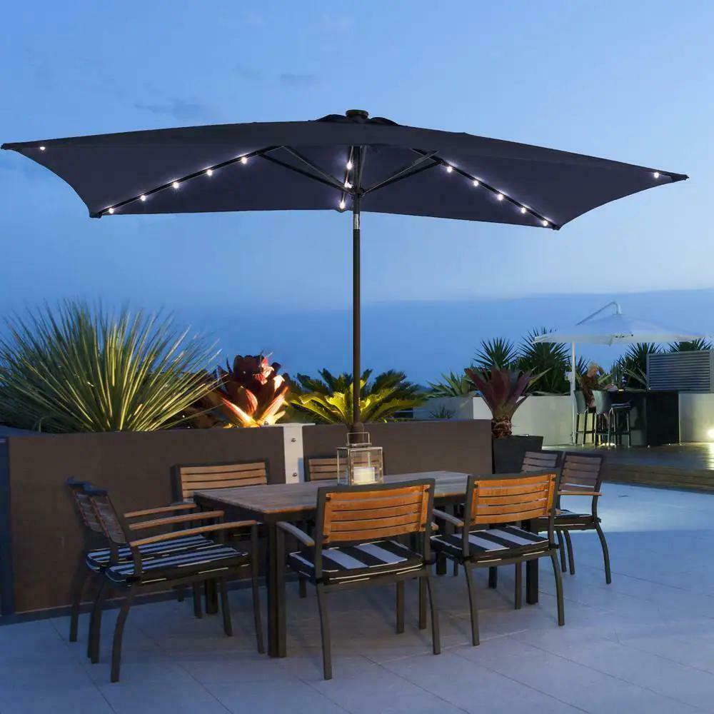 Sonkuki Solar LED 10 ft. x 6.5 ft. Aluminum Patio Rectangle Market Umbrella in Navy Blue with Push-Button Tilt