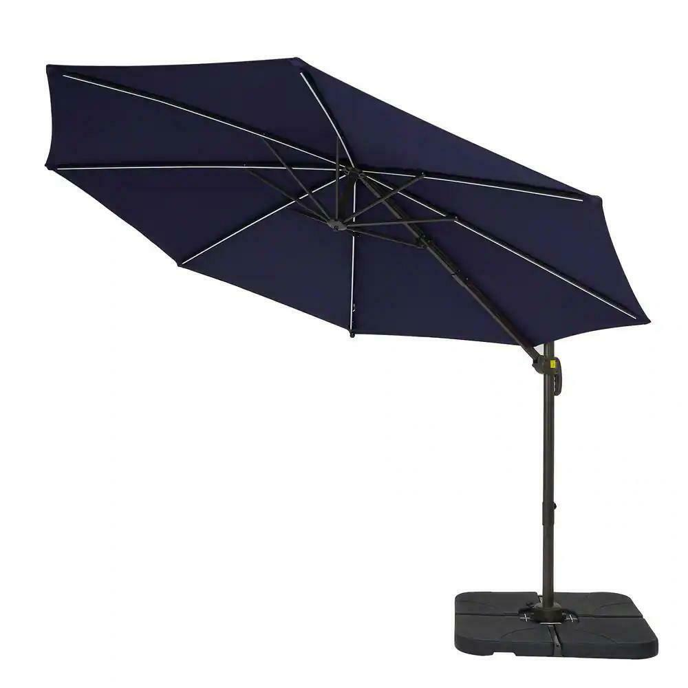 JOYESERY 10 ft. Solar LED Cantilever Patio Umbrella with Cross Base, Outdoor Offset Hanging 360° in Navy Blue