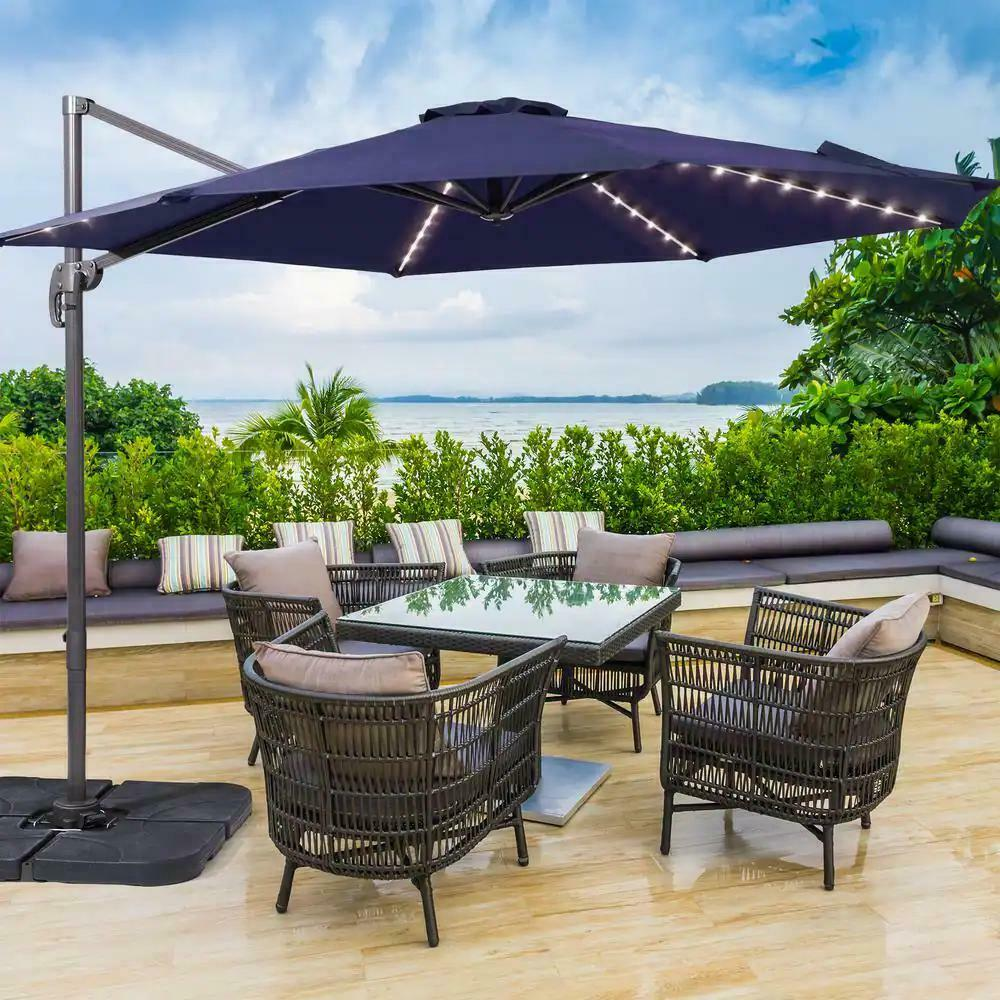 JOYESERY 10 ft. Solar LED Cantilever Patio Umbrella with Cross Base, Outdoor Offset Hanging 360° in Navy Blue