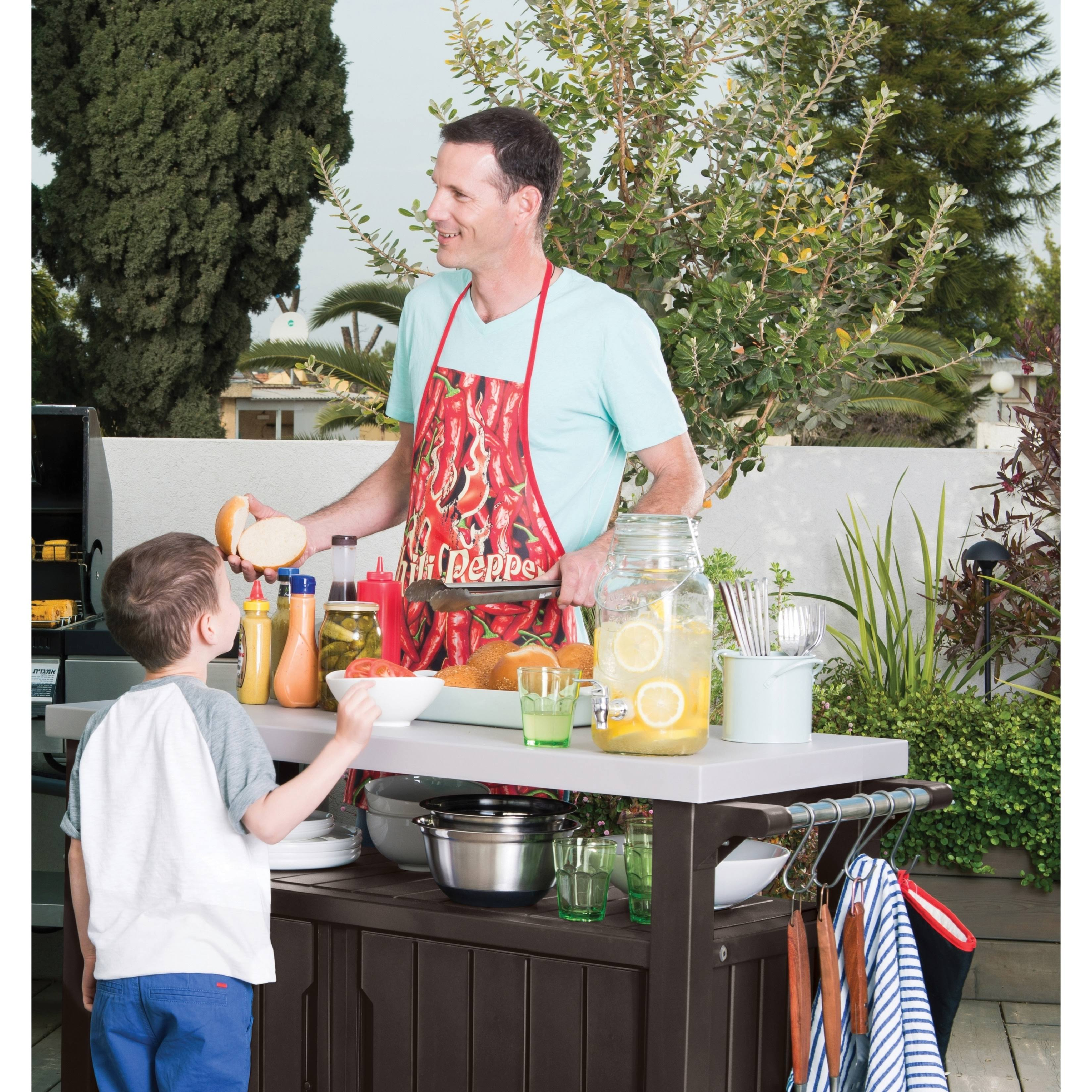 Keter Unity XL Portable Outdoor Table and Storage Cabinet with Accessory Hooks, Espresso Brown
