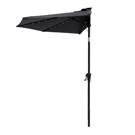 FLAME&SHADE 9 ft. Aluminum Market Solar Lighted Tilt Half Round Patio Umbrella with LED in Anthracite Solution Dyed Polyester
