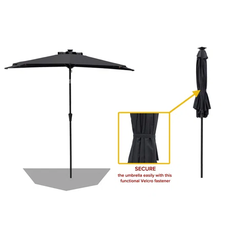 FLAME&SHADE 9 ft. Aluminum Market Solar Lighted Tilt Half Round Patio Umbrella with LED in Anthracite Solution Dyed Polyester
