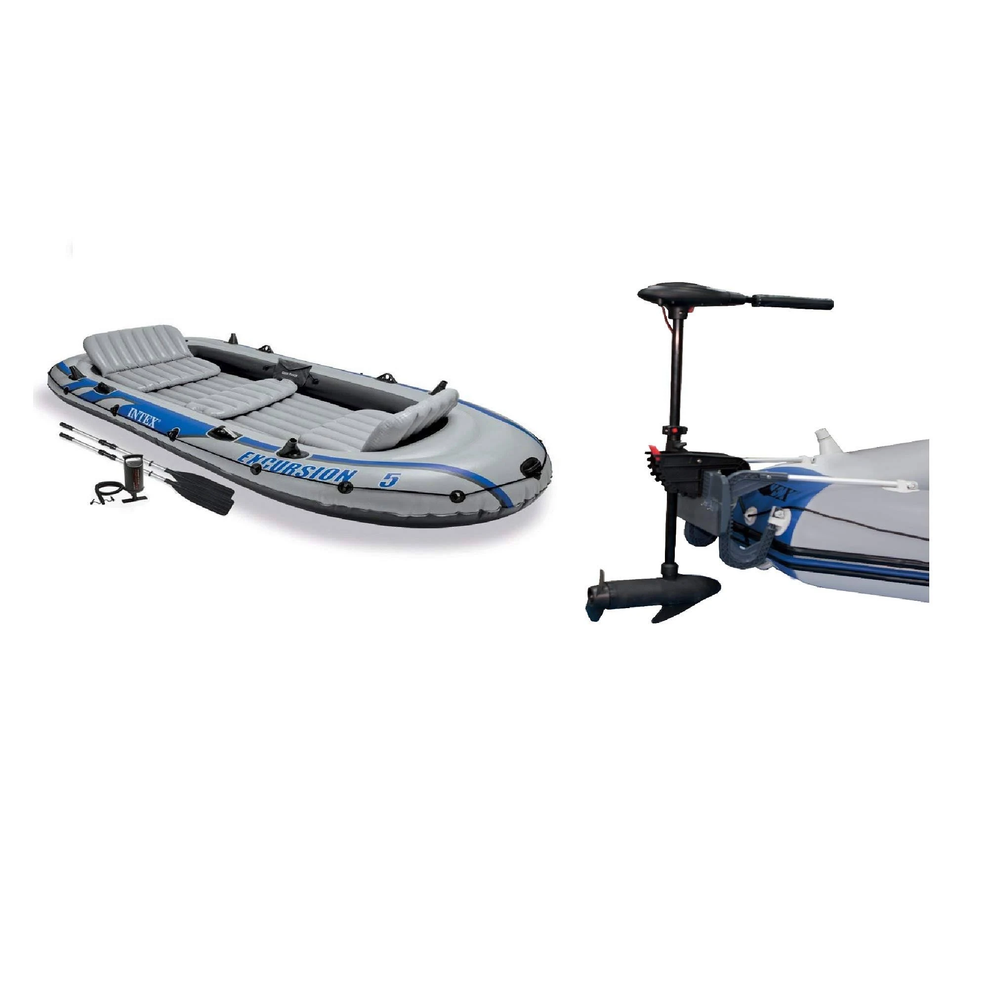 Intex 5 Person Fishing Boat Set w/2 Oars & Eight Speed Trolling Motor
