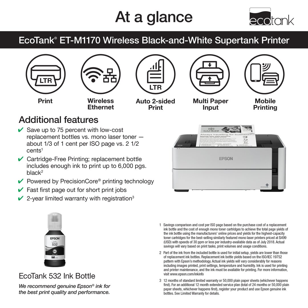 Epson - EcoTank ET-M1170 Wireless Monochrome Supertank Printer