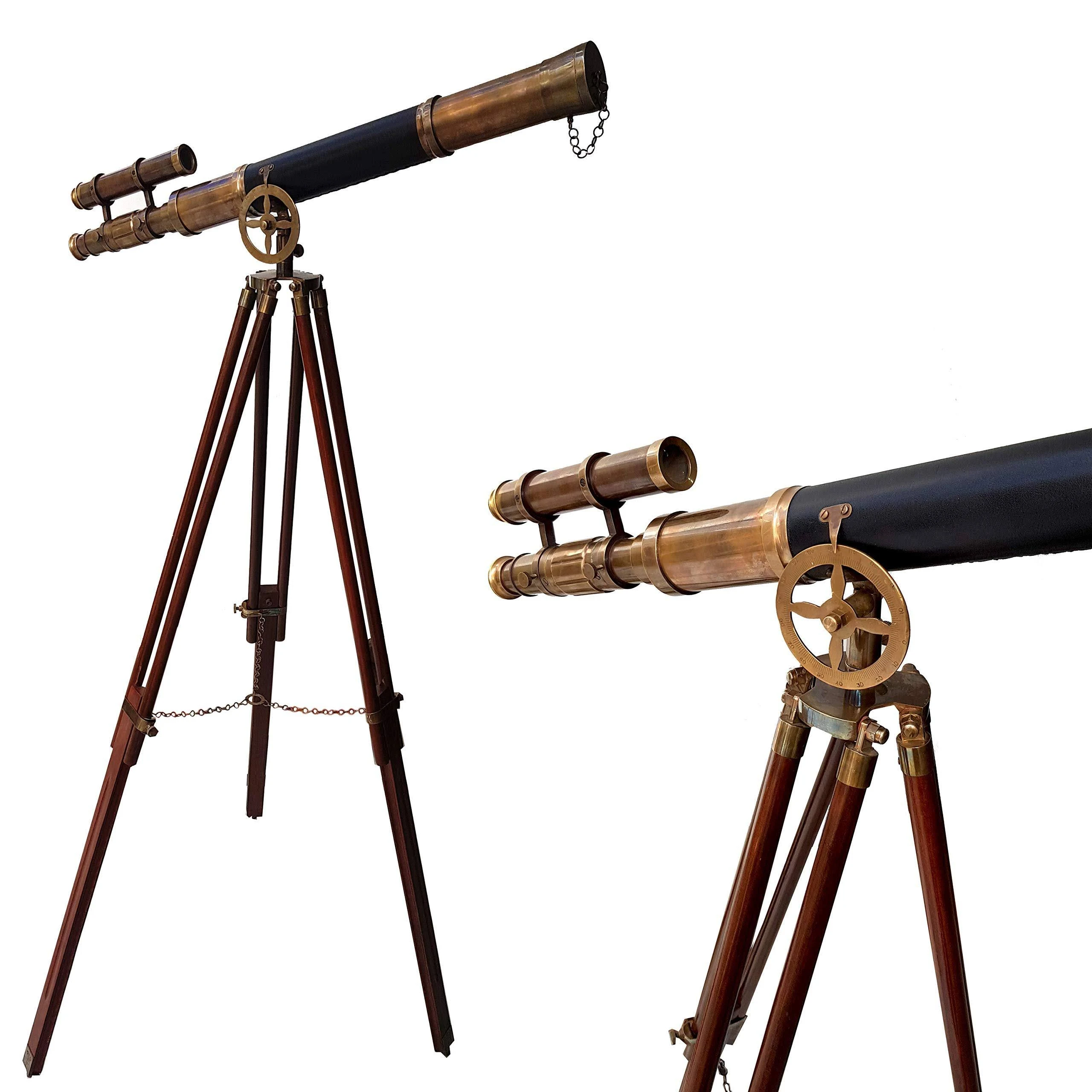 Maritime Brass Antique Double Barrel Designer Telescope with Wooden Tripod Floor Standing Telescopic Tripods 每 collectiblesBuy