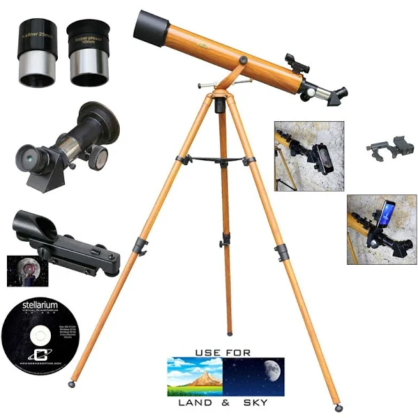Galileo 800mm x 60mm Woodgrain Refractor Telescope with Smartphone Adapter, Wood Grain