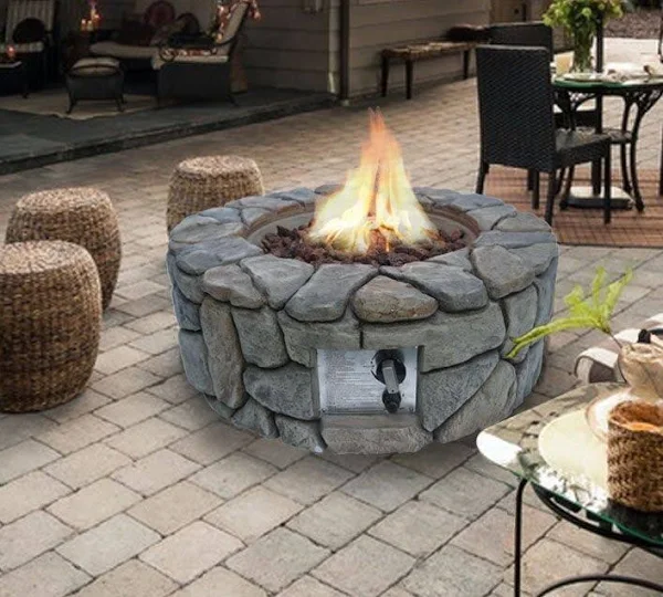 Peaktop Outdoor Stone Propane Gas Fire Pit with Cover, Stone