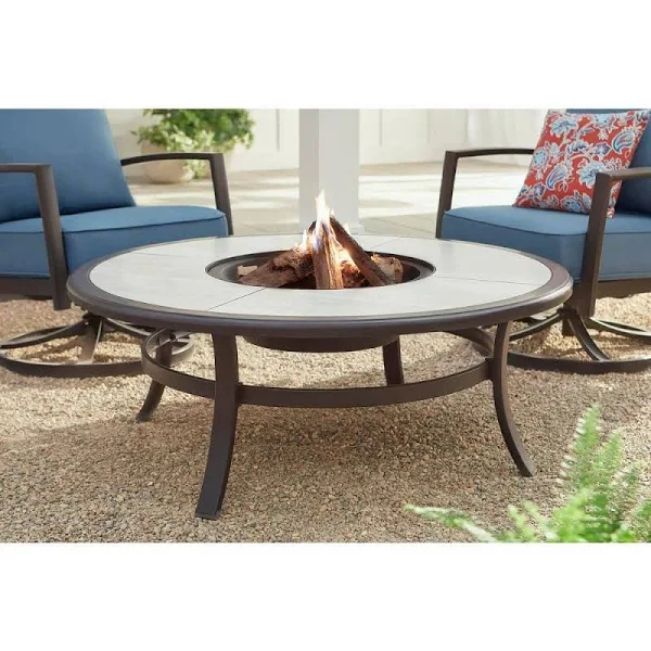Hampton Bay Whitfield 48 in. Round Galvanized Steel Wood Burning Fire Pit Table in Dark Brown with Stone Look Tile Top