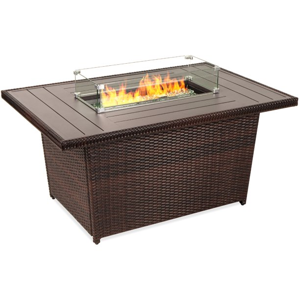 Best Choice Products 52in Wicker Propane Gas Fire Pit Table 50,000 BTU w/ Glass Wind Guard, Tank Holder, Cover – Brown