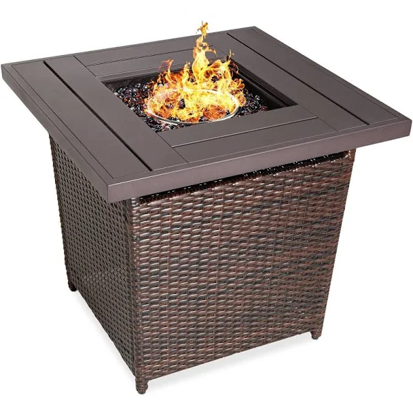Best Choice Products 28in Propane Gas Fire Pit Table 50,000 BTU Outdoor Wicker w/ Glass Beads, Tank Holder Brown