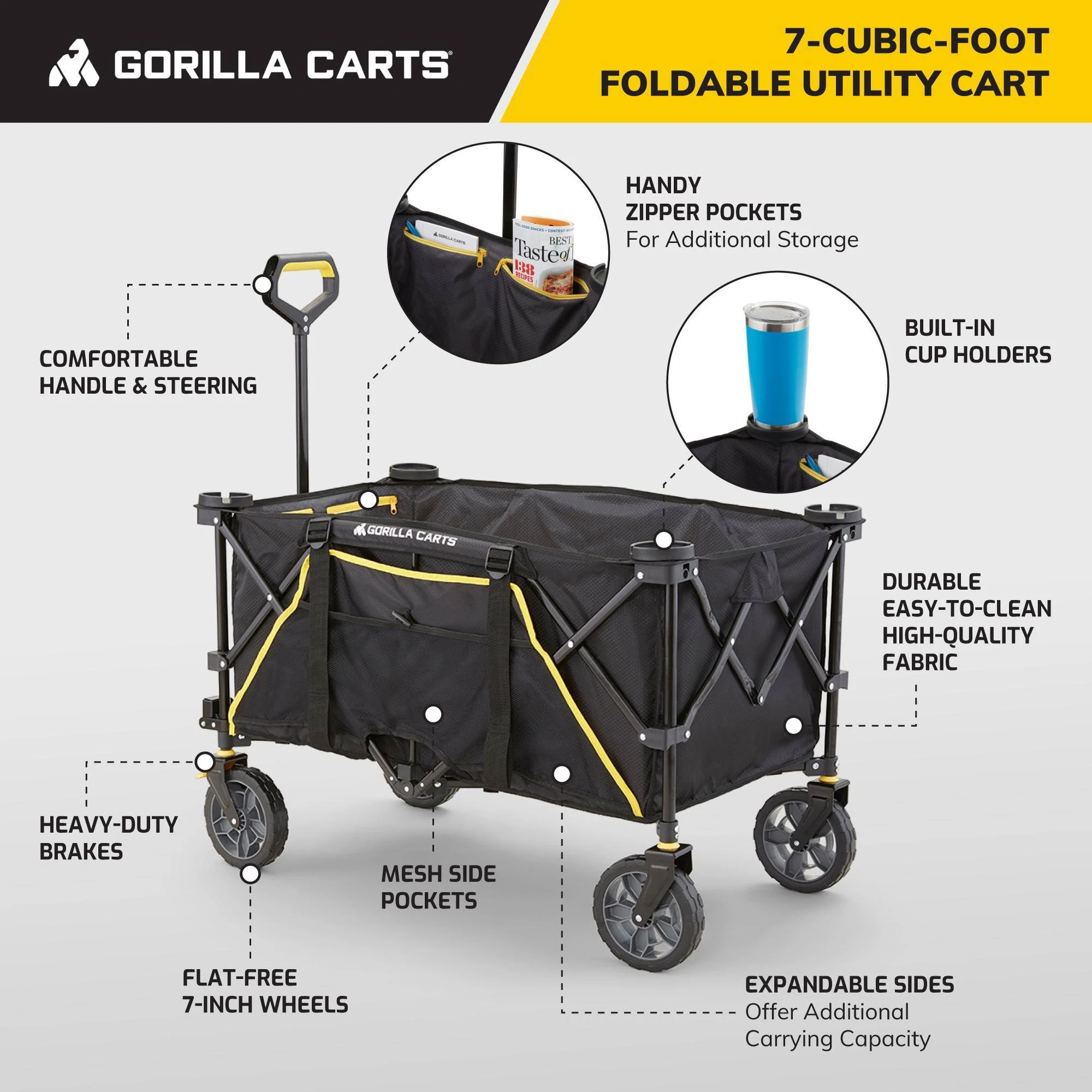 Gorilla Carts 7 Cu. ft. Collapsible Folding Outdoor Utility Wagon with Oversized Bed, Black