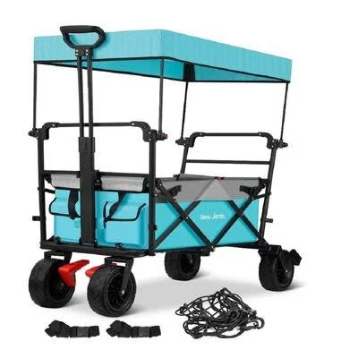 Beau Jardin Folding Wagon Cart with 1 Nylon Net 2 Straps Canopy Collapsible Utility Camping Grocery Canvas Fabric Sturdy Portable Rolling Buggies BG412