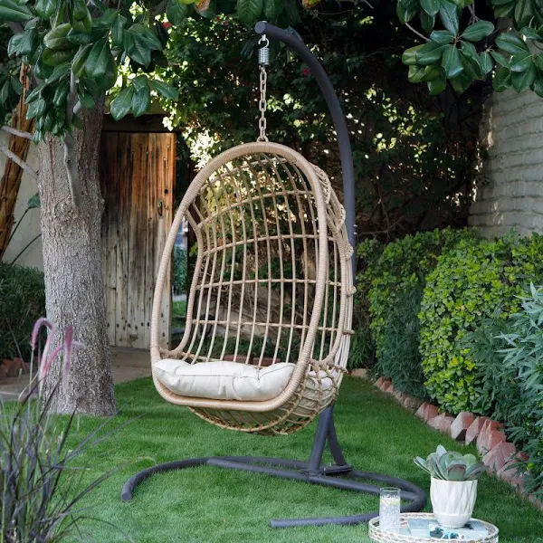 Belham Living Outdoor Bali Resin Wicker Hanging Egg Chair with Cushion and Stand, Beige