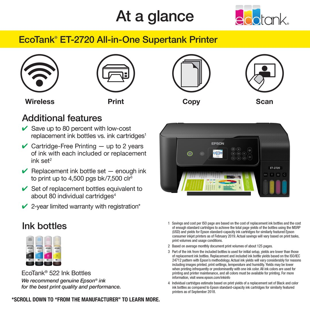 Epson EcoTank ET-2720 Wireless Color Inkjet All-in-One Supertank Printer, Black