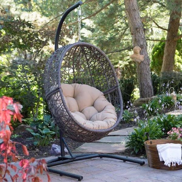 Outdoor Belham Living Resin Wicker Hanging Egg Chair with Cushion and Stand