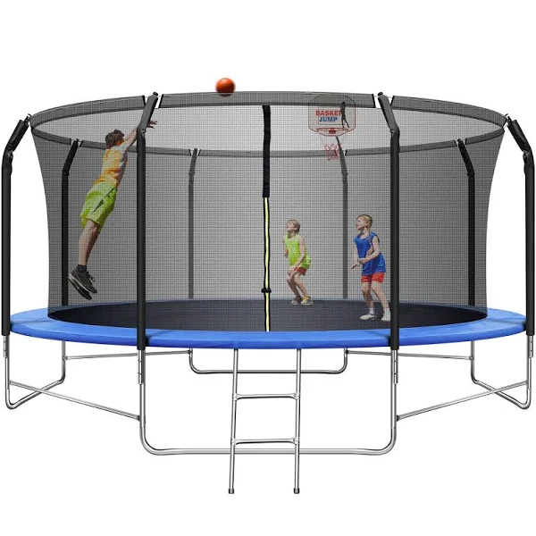 Upgraded 14ft Trampoline with Balance Bar & Basketball Hoop, 1.4mm Thickened Recreational Trampoline for Adults & Kids, ASTM Approved Reinforced