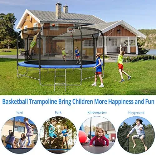 Upgraded 14ft Trampoline with Balance Bar & Basketball Hoop, 1.4mm Thickened Recreational Trampoline for Adults & Kids, ASTM Approved Reinforced