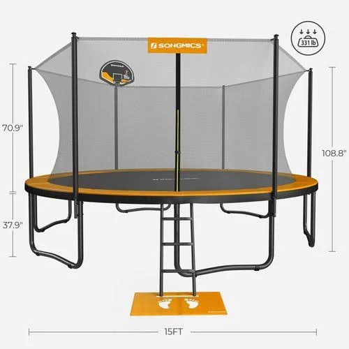 SONGMICS 15ft Backyard Trampoline for Kids, Outdoor Trampoline, with Basketball Hoop, Orange and Black