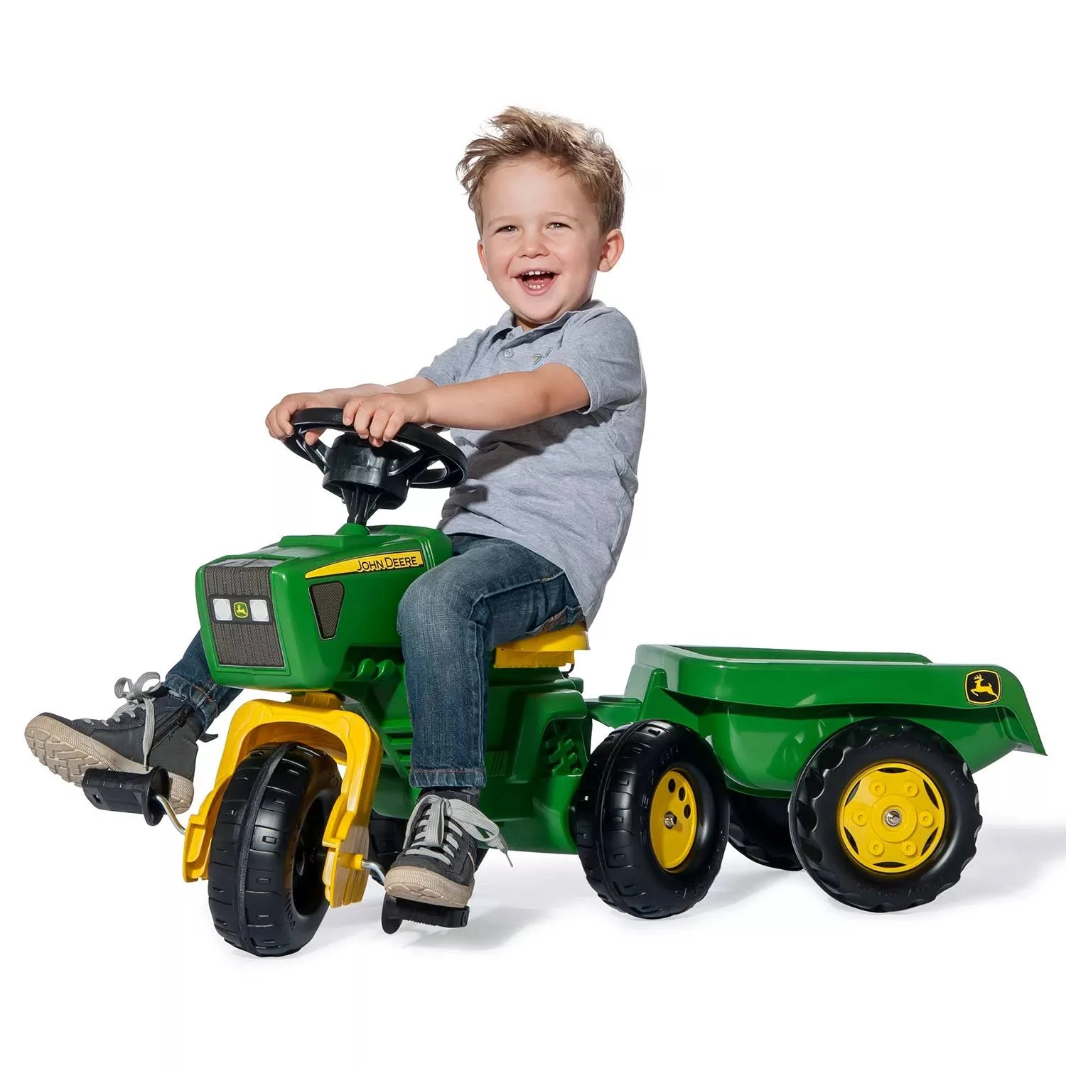 Toys John Deere 3-Wheel Trac with Trailer Ride On, Green/Yellow