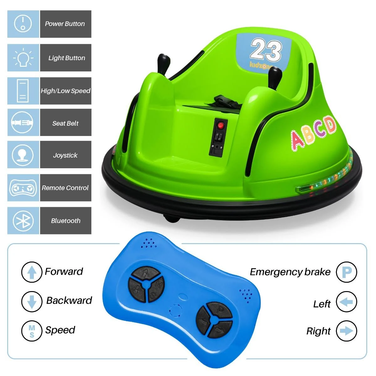 Kidzone DIY Number Kids Toy Electric Ride on Bumper Car Vehicle Remote Control 360 Spin ASTM-Certified 1.5-6 Years, Size: 12V, Green