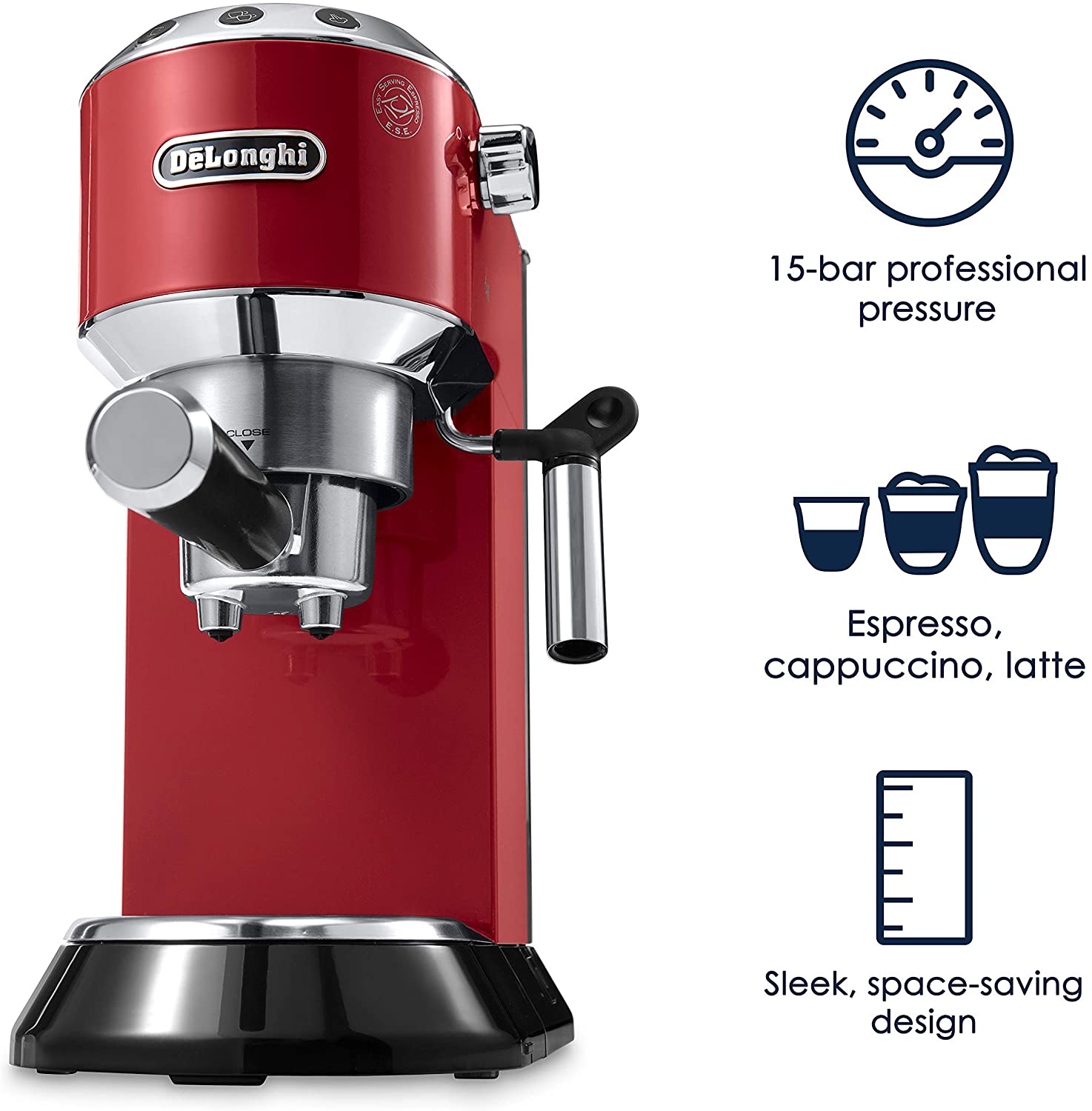 Delonghi EC680R DEDICA 15-Bar Pump Espresso Machine, Red