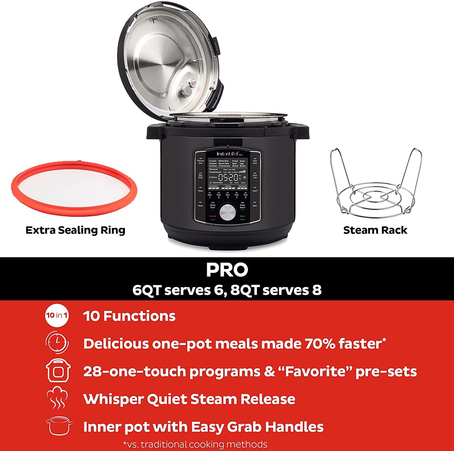 Instant Pot Pro 10-in-1 Pressure Cooker, Slow Cooker 8-QT - Black