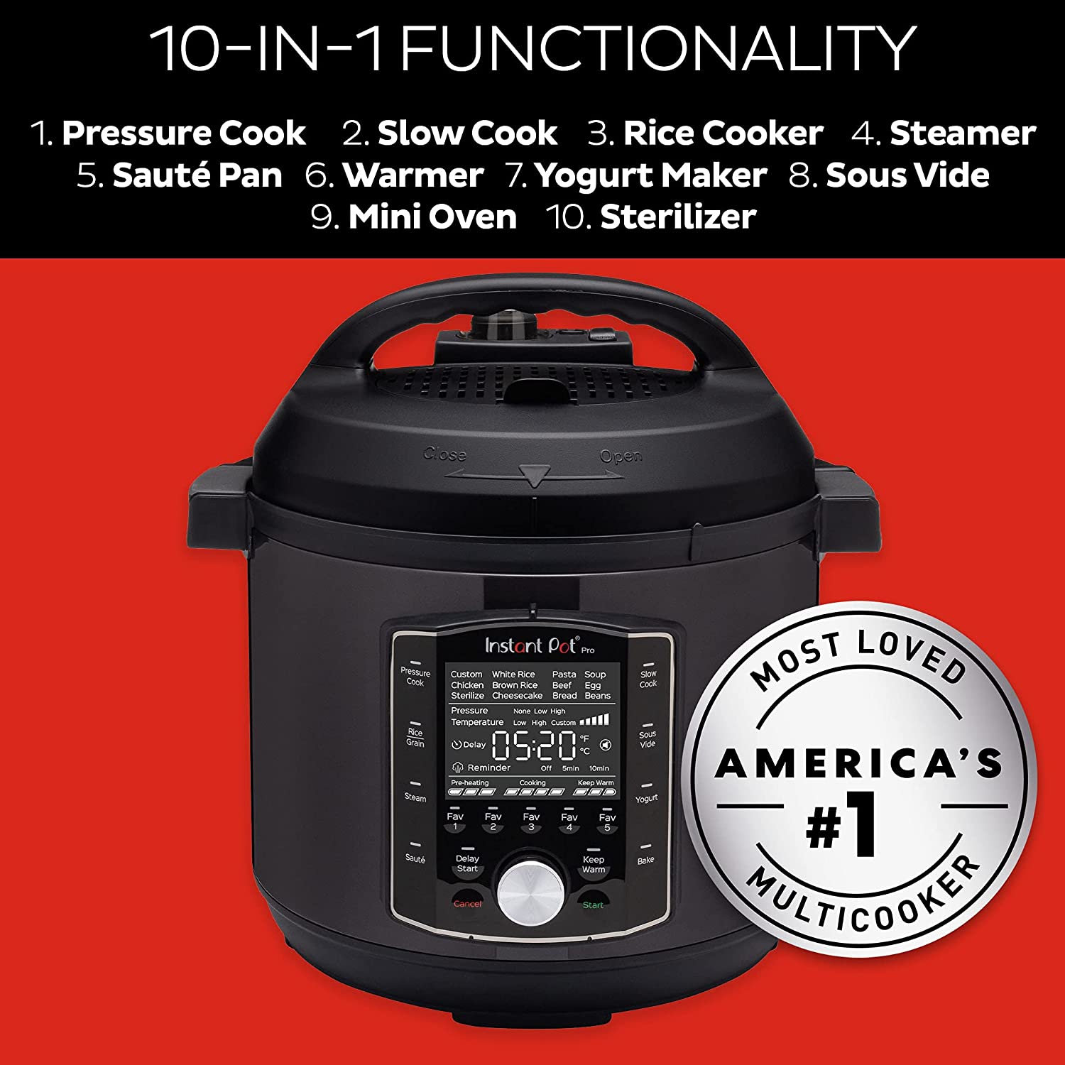 Instant Pot Pro 10-in-1 Pressure Cooker, Slow Cooker 8-QT - Black