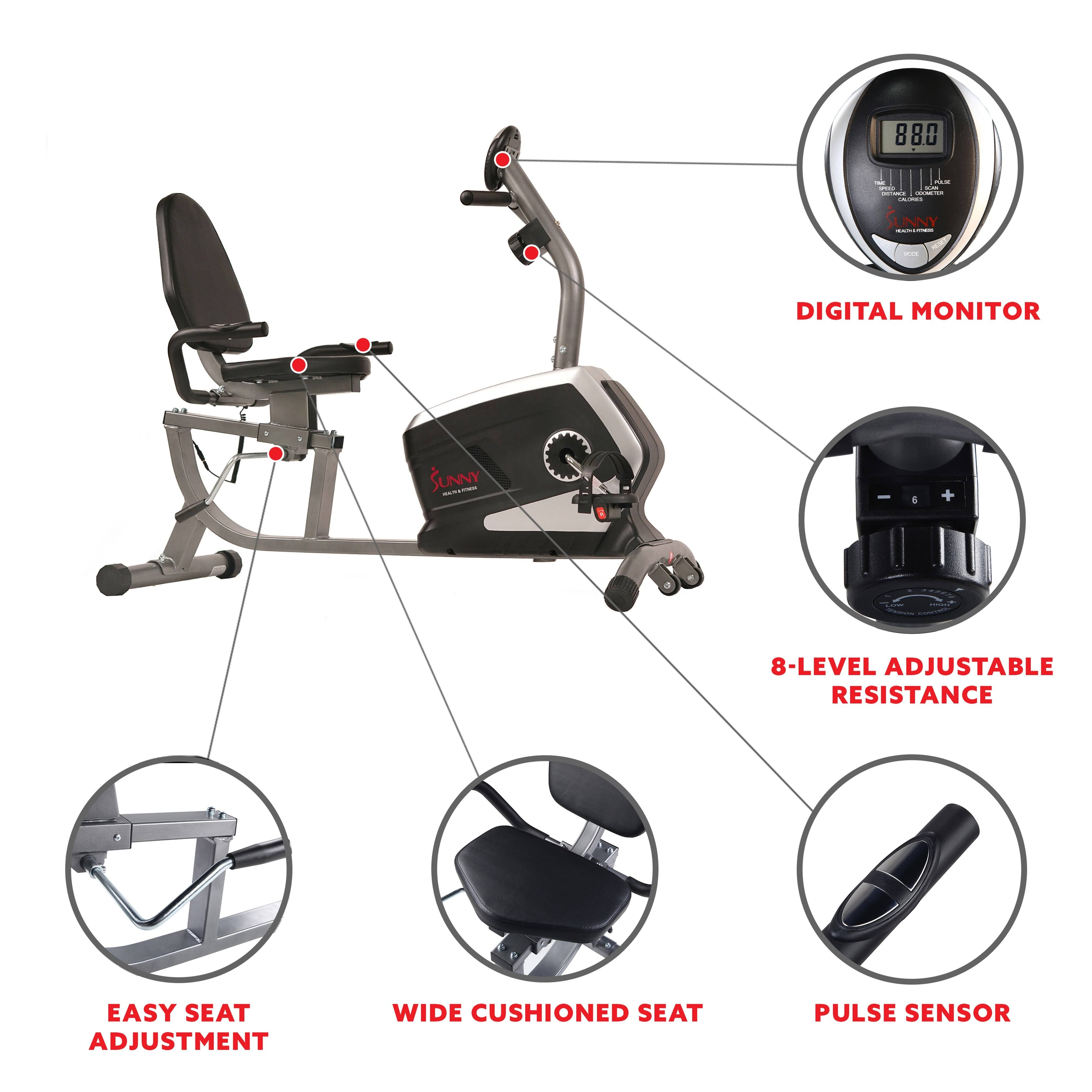 Sunny Health & Fitness Easy Adjustable Seat Magnetic Recumbent Exercise Bike