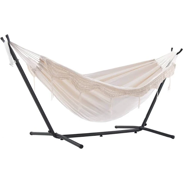 Vivere Combo Tasseled Double Hammock with Stand, White, 9′